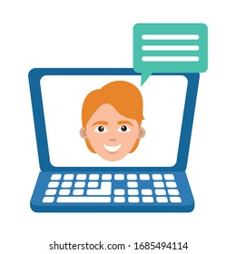 laptop computer talking student home education vector illustration flat style icon