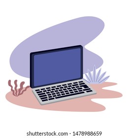 Laptop computer technology isometric symbol with leaves on splash background ,vector illustration graphic design.