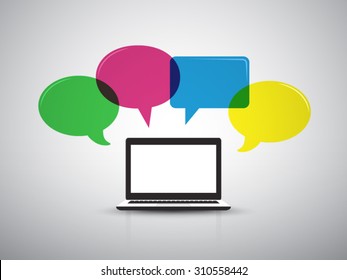 laptop computer technology with overlap bubble text infographic