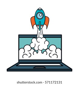 laptop computer technology with start up rocket isolated icon