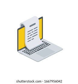 Laptop Computer With Text Document. Vector 3d Isometric, Color Web Icon, New Flat Style. Creative Illustration Design, Graphic Idea For Infographics.