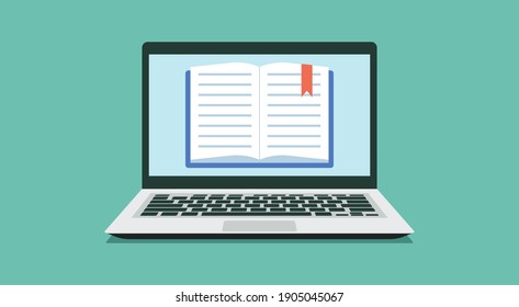 laptop computer with textbook, electronic education or modern e-book concept, e-learning and online learning, flat vector illustration