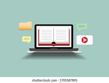 Laptop computer with textbook.Electronic education.Modern e-book concept.E-learning,Online learning,Internet courses and graduation process. Vector illustration in flat style.