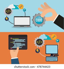 laptop computer tools gear developer web responsive development website programming icon set. Colorful design. Vector illustration