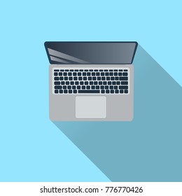 Laptop Computer Top View Icon On Blue Background Flat Vector Illustration