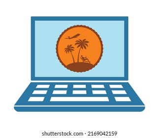 Ordenador portátil con etiqueta de turismo en pantalla. Isla tropical y palmera con emblema de avión.