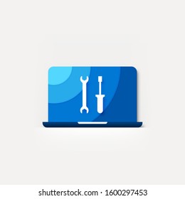 Laptop computer troubleshoot tools and service vector icon