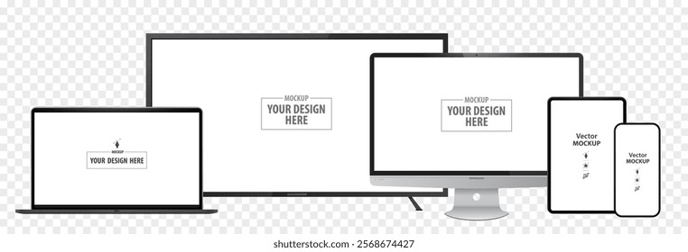 Laptop Computer, TV Screen, Desktop Computer Monitor, Tablet PC and Mobile Phone Mockup. Digital devices screen vector illustration template on transparent background. Easy editable vector file.