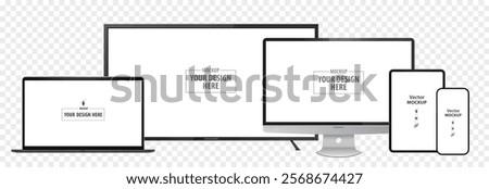 Laptop Computer, TV Screen, Desktop Computer Monitor, Tablet PC and Mobile Phone Mockup. Digital devices screen vector illustration template on transparent background. Easy editable vector file.