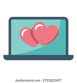 Laptop computer with two hearts on the screen display love and technology concept icon