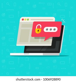 Computador portátil com notificação de bolha de senha desbloqueada, design plano de desenho animado da tela do PC com bloqueio aberto e campo de senha e janela do navegador do site, conceito de ícone de login ou login