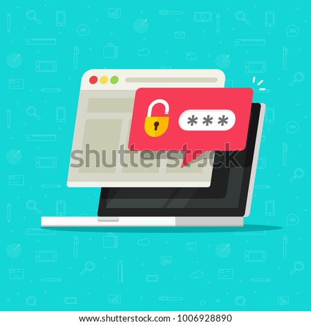 Laptop computer with unlocked password bubble notification, flat cartoon design of pc screen with open lock and password field and website browser window, concept of login or signin icon