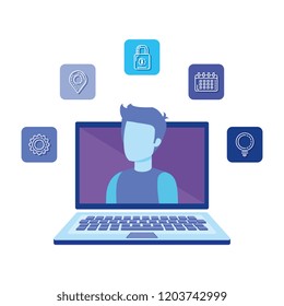 laptop computer with user and social media icons