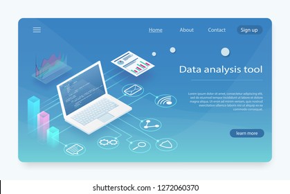 laptop computer using, Business finances, accounting concept. Laptop computer graph financial with social network diagram. Modern flat design isometric concept Data Analysis for website mobile website