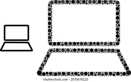 Laptop computer vector collage of dots in various sizes and color hues. Small circles are composed into laptop computer vector collage. Abstract vector design concept.