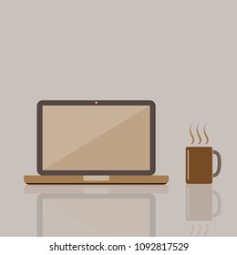 Laptop computer vector icon with coffee cup beside.  