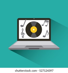 laptop computer with vinyl icon on screen. music and technology concept. colorful design. vector illustration