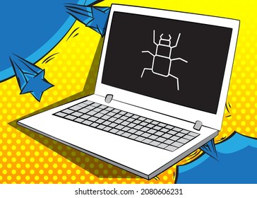 Laptop with Computer virus sign on the screen. Vector cartoon illustration. Trojan, online network, Internet security icon.