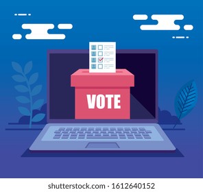 laptop computer for vote online with ballot box vector illustration design