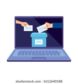 laptop computer for vote online with ballot box and hands vector illustration design