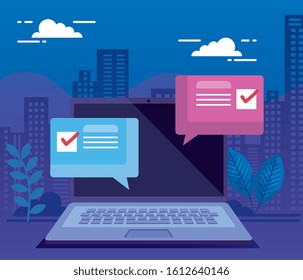 laptop computer for vote online line with speech bubbles vector illustration design