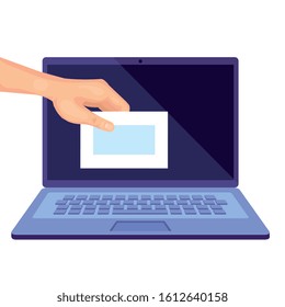 laptop computer for vote online line with hand vector illustration design