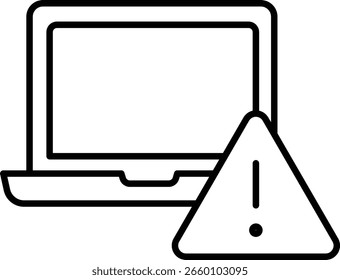 A laptop computer warning alert error caution technology device screen symbol laptop with warning sign icon, representing computer error, caution, or alert notification, simple black outline style