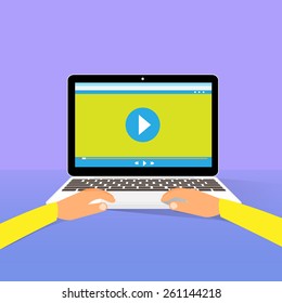 laptop computer watch movie player hand finger touch button flat vector illustration