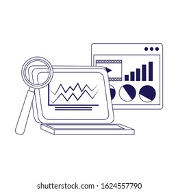 laptop computer with web page and magnifying glass over white background, flat design, vector illustration