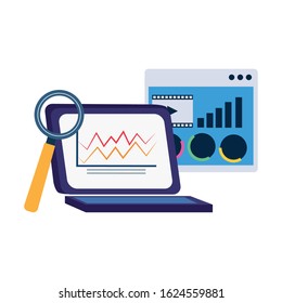 laptop computer with web page and magnifying glass over white background, colorful design, vector illustration