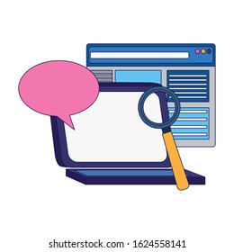laptop computer with web page, speech bubble and magnifying glass over white background, vector illustration
