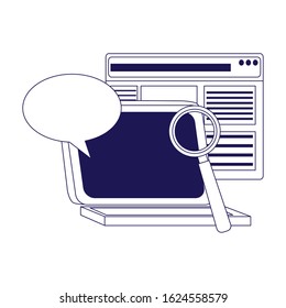 laptop computer with web page, speech bubble and magnifying glass over white background, flat design, vector illustration