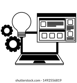 laptop computer with webpage and bulb