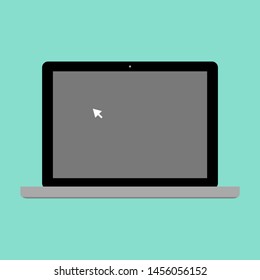 laptop computer with white arrow cursor on grey screen display isolated on green color background. vector illustration