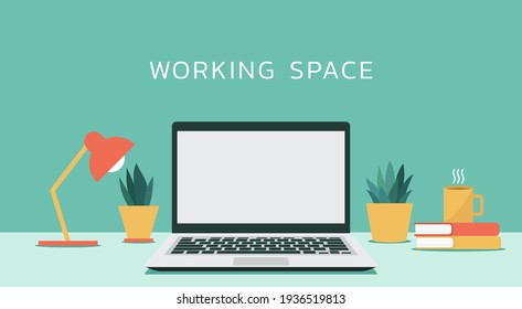 laptop computer with white blank empty display screen for copy space on working space, flat design vector illustration