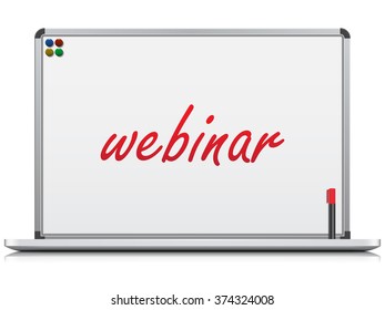 Laptop computer with white board with the word webinar
