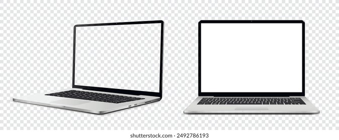 Laptop computer with white and empty screen on transparent background