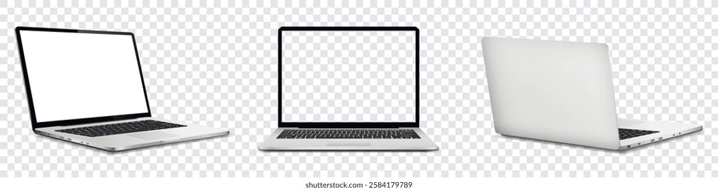Laptop computer with white and empty screen, front and rear view isolated on transparent background