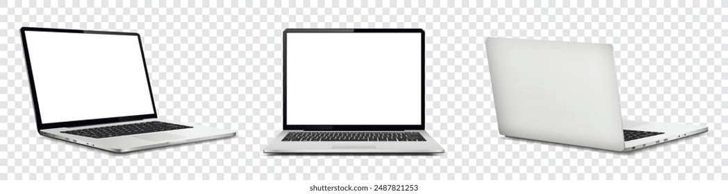 Laptop computer with white screen, front and rear view isolated on transparent background