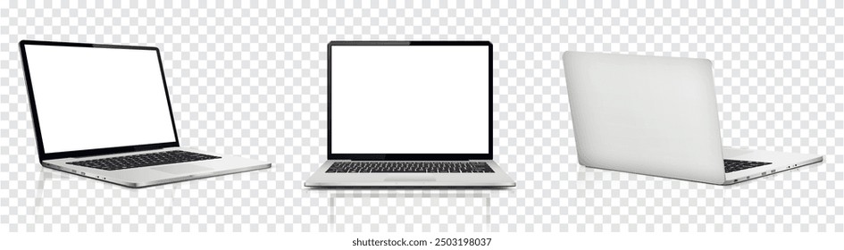 Laptop computer with white screen, front and rear view isolated on transparent background