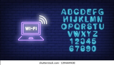 Laptop computer and wi-fi neon text. Wifi, communication, technology concept. Advertisement design. Night bright neon sign, colorful billboard, light banner. Vector illustration in neon style.