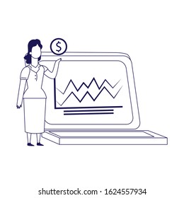 laptop computer and woman holding a money coin over white background, flat design, vector illustration