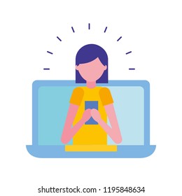laptop computer with woman using smartphone