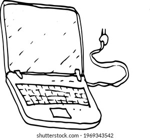 
Laptop, computer, work office work from home Doodle graphic illustration hand drawn print sketch isolated elements on a white background