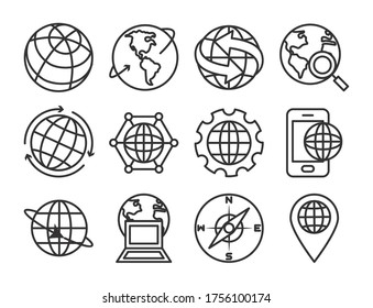 laptop computer and world icon set over white background, line sytle, vector illustration