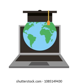 laptop computer with world planet earth and hat graduation