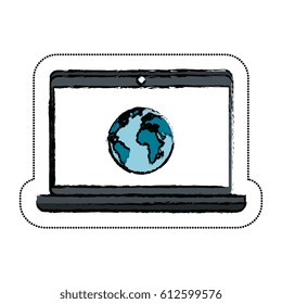 laptop computer with world planet isolated icon