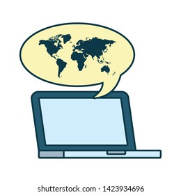 laptop computer world talk bubble vector illustration