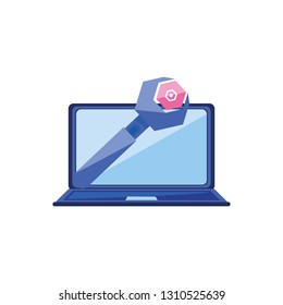 laptop computer with wrench squeezing nut metallic