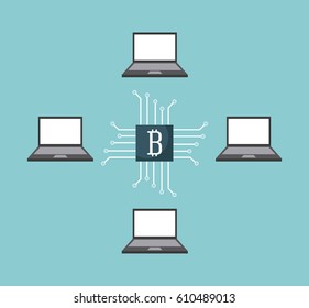 laptop computers arounds bitcoin emblem over blue background. vector illustration